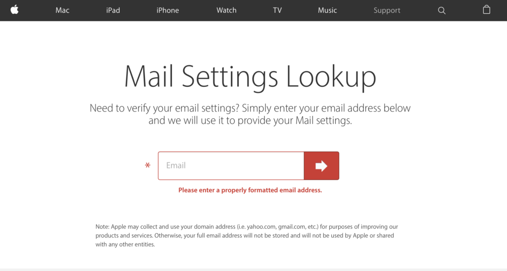 apple's mail settings lookup page